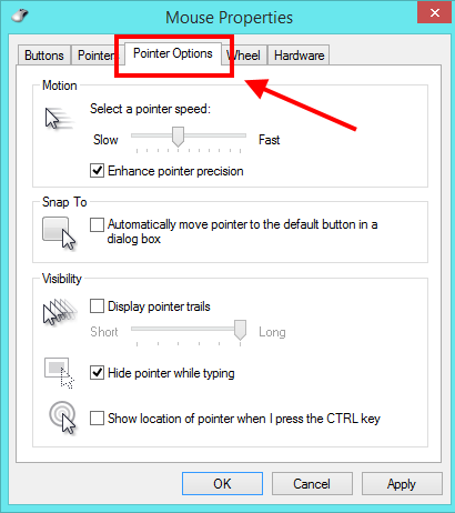 Click the Pointer Options tab